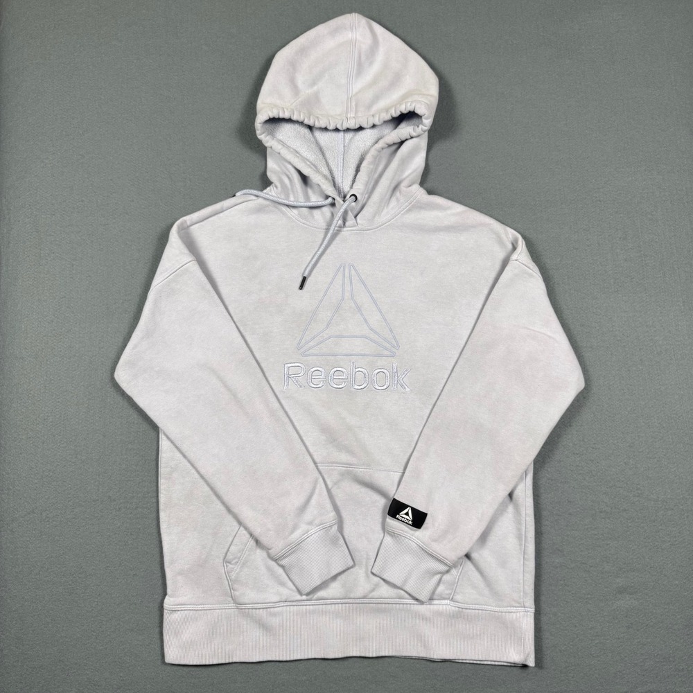 Reebok Delta Logo Hoodie Mens Small Light Grey Lavender Athletic Fleece Pullover